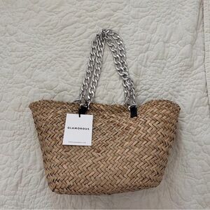 Glamorous Natural Woven Tote Bag with Silver Chain Handles. Brand new